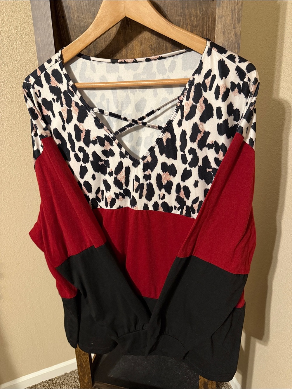SHEIN Red Black White Leopard V-Neck Long Sleeve Top